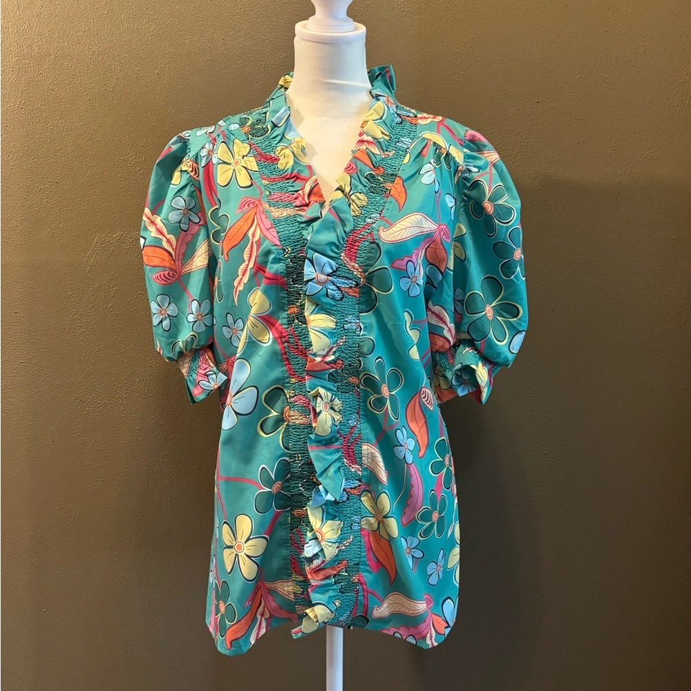 Floral Ruffle Teal Blouse